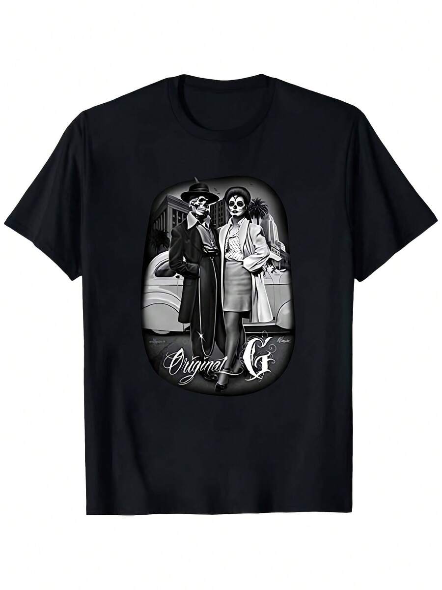 Camiseta Casual para Hombre, 100% Algodón, 220G, Estampado Digital Retro de Pareja del Día de los Muertos - Negro - Ver 1