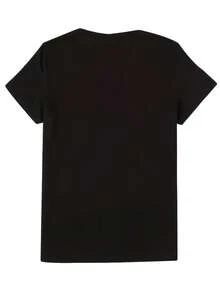 1 pza Playera de Manga Corta para Mujer Talla Extra, Cuello Redondo Casual, Estampado Geométrico de Tacón Alto y Mariposa, Tejido de Punto de Poliéster con Diseño Asimétrico, Elástico Medio, Colección Primavera/Verano - Negro - Ver 4