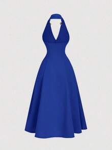 Vestido midi elegante sin mangas con decoración floral 3D de metal y plisados para mujer - azul real - Ver 2