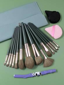 Set Kuas Makeup Hijau 18 Buah dengan Tas Penyimpanan, Puff Bedak & Alat Cukur Alis, Kuas Berbulu Lembut untuk Alas Bedak, Perona Mata & Perona Pipi - Dark Green - View 5