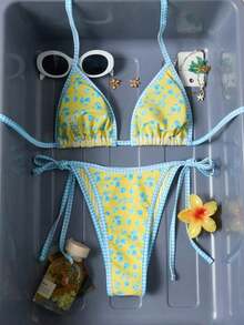 Conjunto de bikini de 2 piezas con estampado floral diminuto y escote halter para vacaciones y playa - Amarillo - Ver 4