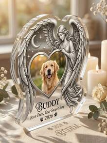 1pc Customizable Acrylic Angel Wings Pet Memorial Plaque, With Angel And Moon Pattern, Customizable Photo And Text, Designed For Vertical Display, A Warm Condolence Gift For Pet Lovers - Model 3 - View 7