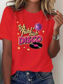 ComfortableCamiseta retro de los 80 de Disco alemana para mujeres - Diseño con "No puedo sentir mi cara" y "Fiesta Disco" con gráficos de bola de Disco y pista de baile - Camiseta suave y ca - Rojo - Ver 7