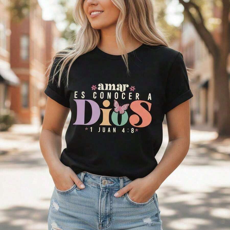 Women's Pure Cotton T-Shirt With Bible Verse Print, "To Love Is To Know God" 1 John 4:8, Letter Print, Short Sleeve, Casual Style, Loose Fit For Everyday Wear, Sizes S-5XL Available, Suitable For Spring, Summer And Autumn. - 黑色 - 查看 1