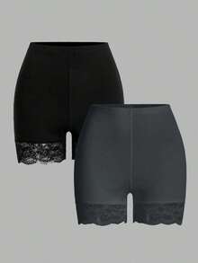 Conjunto de 2 Piezas de Leggings de Encaje en Contraste para Mujer Talla Grande, Verano - Multicolor - Ver 1