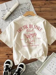 [Estampado a Doble Cara]Camiseta de Estilo Vintage con Estampado de Letras "DRUNK IN LOVE" y Copas de Vino, Corte Holgado, Casual, Cuello Redondo, para Mujer - Estilo Urbano Vintage, Unisex, Camiseta de Algodón de Manga Corta con Cuello Redondo, blusas para mujer. blusas.blusas casuales para dama. - Albaricoque - Ver 3
