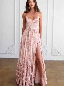 Vestido largo tirante escote profundo estampado nueva llegada cintura marcada estilo elegante - Rosa - Ver 3