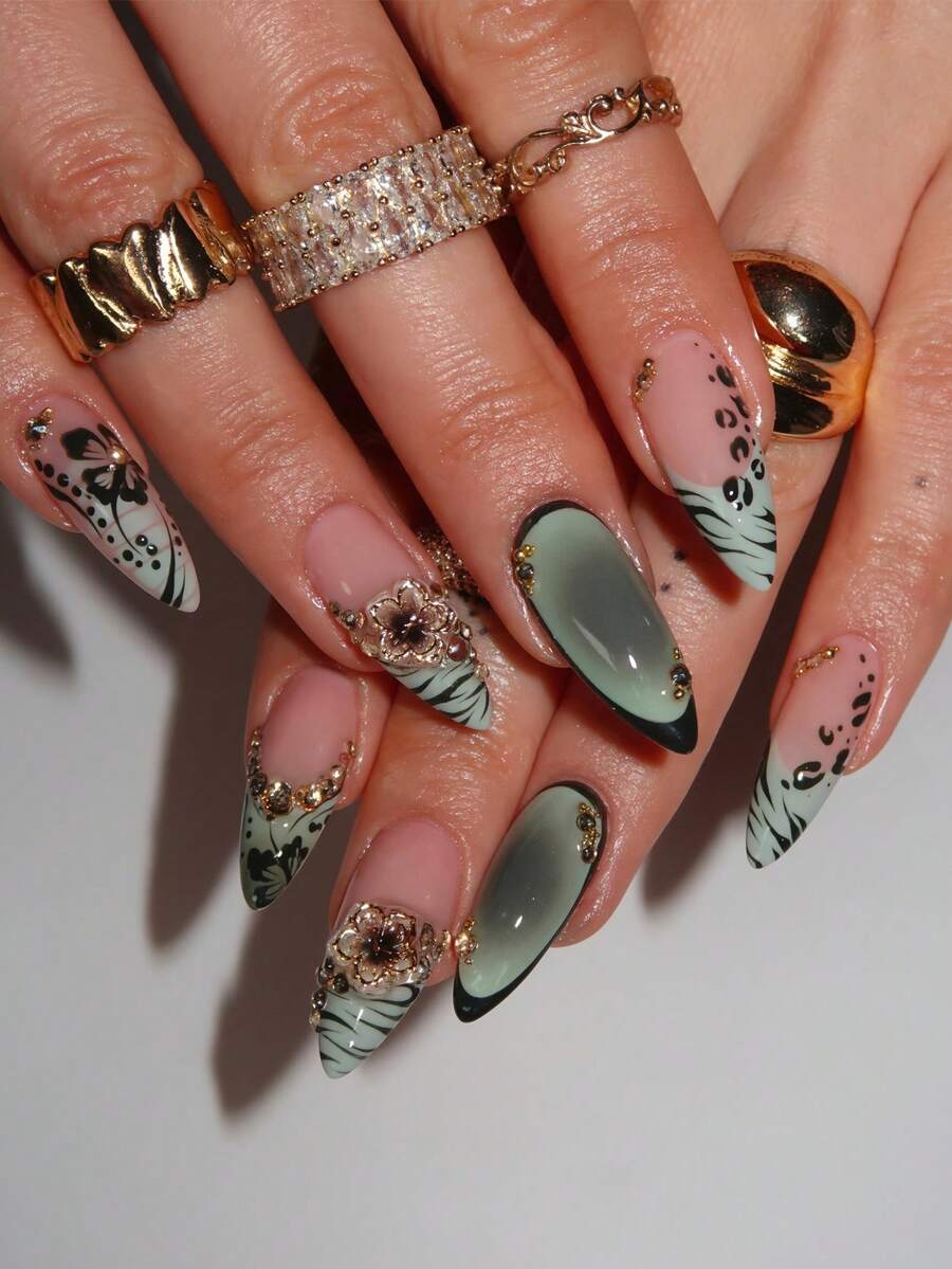 24 buah Stiker Kuku Rhinestone 3D Berbentuk Almond dengan Motif Bunga & Leopard, Set Kuku Palsu French Manicure Elegan dengan Penutup Penuh dan 1 Kikir Kuku, Cocok untuk Pesta Musim Panas, Kantor, dan Pemakaian Sehari-hari, Warna Gel Jelly Acak - MultiWarna - View 1