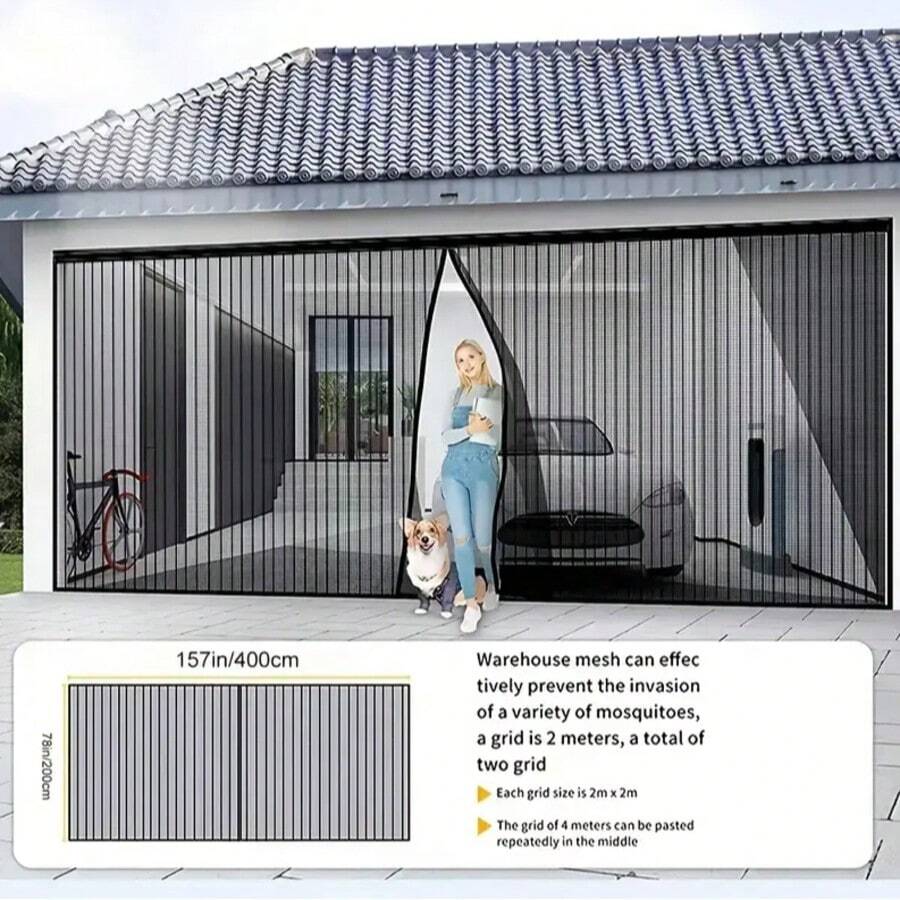 Garage Door Screen 1-Piece Magnetic Garage Door Curtain Adjustable Mosquito Net Size: 157 Inches * 78 Inches Classic Mesh Curtain With Full-Frame Hook-And-Loop Installation For Easy Setup. No Drilling Required. Home Insect Protection - Dust Control - UV Protection. Features LIAMST Hook-And-Loop Tape For Installation In Minutes-Convenient And Quick. Additional Pins Enhance Security And Durability. The Included 6 Magnetic Tape Tools Facilitate Vehicle Access While Preventing The Door Screen's Central Magnets From Being Attracted When Metal Garage Doors Automatically Close Or Open. LIAMST Utilizes Premium Anti-Oxidant Fiberglass Material. Magnetic Mesh Doors With Full-Frame Hook-And-Loop Tape Serve As A Replacement For Fixed Screens, Suitable For Front Doors, Back Doors, Indoor/Outdoor Use, Entrances, Patios, Balconies, Porches, Glass Surfaces, And More. - 黑色/200*400 - 查看 1