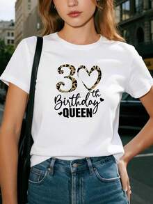 Women's 30th Birthday T-Shirt With "QUEEN" Print - Short-Sleeved Crew Neck T-Shirt With A 30th Birthday Themed Print, Casual For Spring/Summer, Suitable For Parties, Gifts, And Outfits. NFYH - 白色 - 查看 6