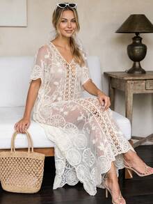 Bohemian Style Embroidered Sheer Robe - Batwing Sleeve Long Beach Cover Up Suitable For Coachella, Beach And Summer Travel - White - View 2