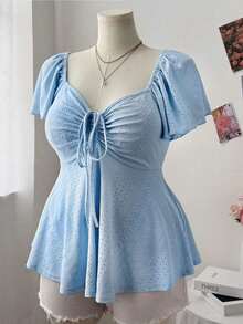 Elegant And Vintage Casual T-Shirt With Square Neck, Ruffled Sleeves, Drawstring And Tie Waist, And Textured Design For Plus-Size Women - Blue - View 4