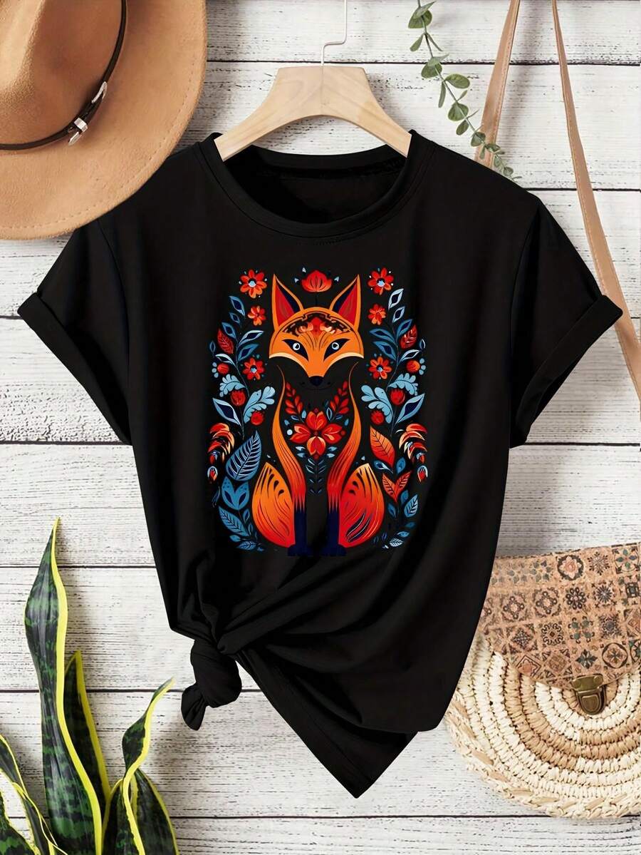 Plus Size Women's Short-Sleeved T-Shirt With A Printed Fox Print And Crew Neck, Perfect For Summer. This Fashionable T-Shirt Is Ideal For Work, Vacations, And Everyday Wear. Available In Various Colors And Sizes. A Great Gift For Valentine's Day Or Easter (Apricot/Light Pink/Gray). - 黑色 - 查看 1