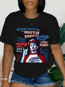 GraphicPlus Women's Plus Size T-Shirt With American Flag Design, Soft And Stretchy, Crew Neck And Short Sleeve, Casual Spring And Summer Sportswear, Everyday Wear For Ladies, Relaxed Fit, Machine Washable, Casual Style For All Seasons, Ideal For Independence Day. - 黑色 - 查看 1
