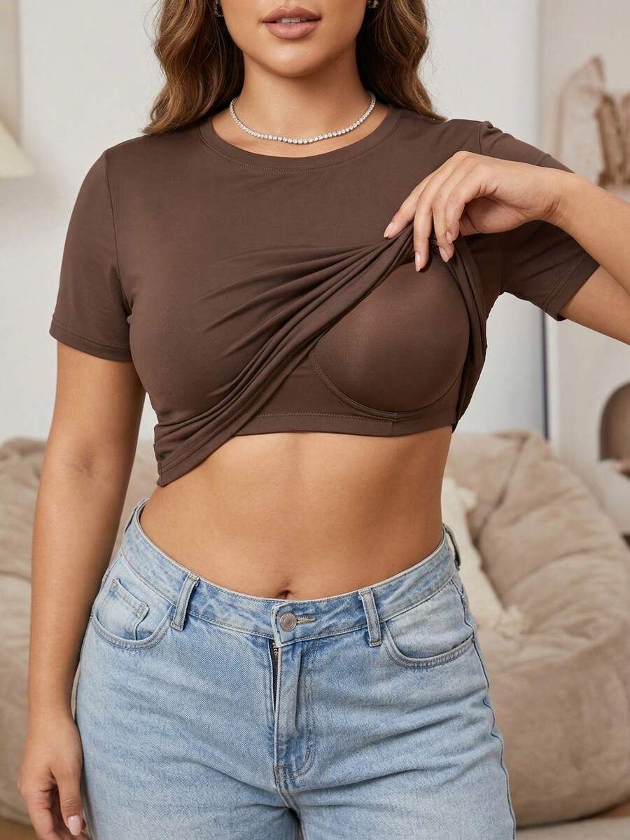 Plus Size Built-In -Shirt, Short Sleeve Ultra-Thin Seamless Top, Elastic Comfortable With Padded Cups, Everyday Basic