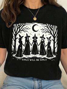 Women's Casual Round Neck T-Shirt With Witch Slogan, Women's Blouses, Blouses, Casual Blouses For Ladies, Casual Blouses For Ladies, Women's Tops, Tops, Unisex. - 黑色 - 查看 6