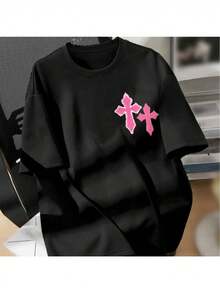 Camiseta holgada de manga corta con cuello redondo y diseño casual sencillo con patrón de cruz extra grande, camiseta estampada de manga corta con cuello redondo, 100% algodón puro, un regalo para hombres, mujeres, padres y amigos. - Negro - Ver 7