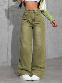 Jeans de mezclilla de unicolor minimalista para uso diario de mujer - Verde - Ver 4
