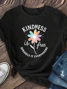 Women's Fun "Kindness Freedom" T-Shirt With Colorful Floral Print, Short Sleeves, Made Of Soft And Breathable Polyester Fiber, With Medium Elasticity, Machine Washable, Perfect For Summer Fashion, Women's Clothing, New Style, A Must-Have Garment For Spring And Summer. - Black - View 3