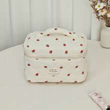 Stylish Quilted Strawberry Dot Design Makeup Pouch, A Fashionable And Portable Storage Solution. This Multifunctional Bag Offers Ample Space For Travel Essentials, Including Toiletries, A Tote For Your Phone, And Compartments For Coins And Small Items - Multicolor - View 8