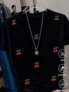 180g Made In Mexico, Spring/Summer 2026 Fashion Short Sleeve T-Shirt, Cartoon Print, Couple Style, Underwear/Outerwear, Casual Round Neck For Office, Unisex One Piece Top - 黑色 - 查看 1