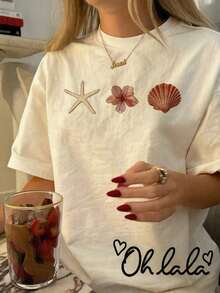 Soft Playera Casual de Mujer, Cuello Redondo, Manga Corta, Estampado Conchitas, Hecho en Mexico, ofrece un estilo casual con aplicación moderna y un diseño romántico, su corte básico es ideal para el uso diario y combinaciones versátiles, blusas elegantes dama - Albaricoque - Ver 5