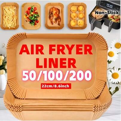 50/100/200 tờ giấy nướng hình chữ nhật dùng cho nồi chiên không dầu | Giấy nướng chống dính lót da cừu dùng cho nồi chiên không dầu kép, dùng một lần, chống dầu và chống thấm nước, lý tưởng cho Giáng sinh, Halloween, Lễ Phục sinh, dễ vệ sinh, món quà ngày lễ hoàn hảo.