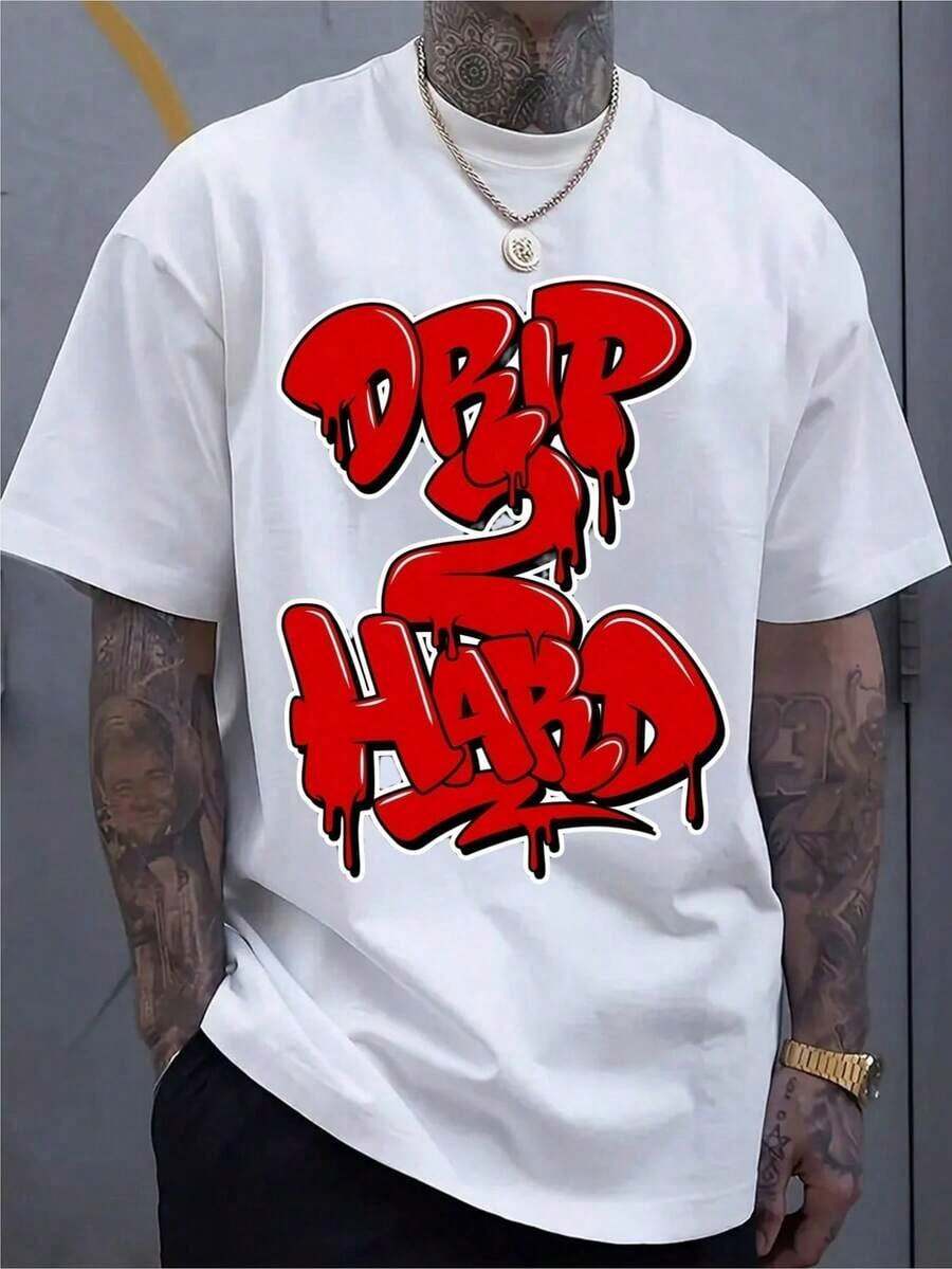 GiftGiftDidi Red Rigid T-Shirt With Graffiti Print, Men's Urban Hip-Hop Style T-Shirt, Comfortable Fit, Crew Neck, Ultra Soft, Breathable, Moisture Wicking, Casual Summer T-Shirt, Fashion Essential T-Shirt. - 白色 - 查看 1