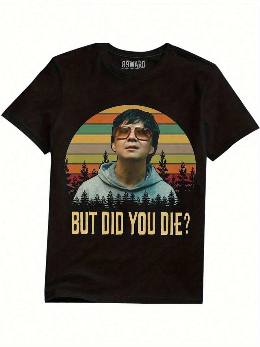 Vintage Graphic T-Shirt From The Movie "The Hangover" - BUT DID YOU DIE, Retro Design, 100% Cotton, Black, Short Sleeve, Regular Fit, Unisex For Men And Women, Casual And Outdoor Wear, Perfect Gift For Movie Fans, Movie Related T-Shirts, Fan Merchandise, Starry Sky Pattern, Comfortable Fit - 黑色 - 查看 1
