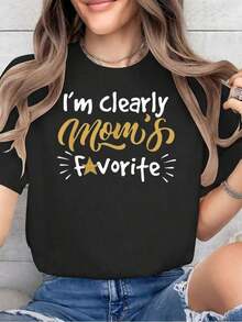 Cotton T-Shirt With The Phrase "I'm Mom's Favorite Son Or Daughter," A Fun Gift T-Shirt With A Round Neck For Summer, Soft, Short-Sleeved, Stylish, And Comfortable. Graphic Tees. Women's Blouses/Shirts - 黑色 - 查看 8