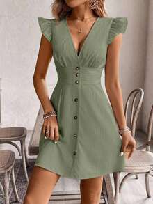 Vestido casual de vacaciones para mujer con mangas de volantes y botones delanteros de unicolor, vestidos de verano para mujer, vestido de té de vacaciones - Verde Oliva - Ver 4