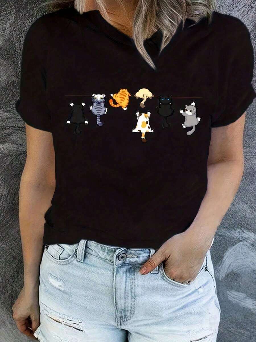 Under The Radar Women's Cute Cat Print T-Shirt - Soft Blend, Crew Neck, Short Sleeve, Casual T-Shirt With Adorable Cartoon Cat Design, Playful Graphic Top For Spring/Summer Outfits - 100% Cotton - Vintage Street Style Unisex Loose Cotton Short Sleeve Crew Neck T-Shirt - 黑色 - 查看 1