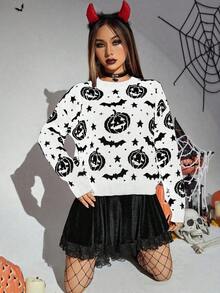 Suéter de mujer con estampado de calabaza y murciélago de Halloween, jersey de punto de otoño e invierno - Multicolor - Ver 1