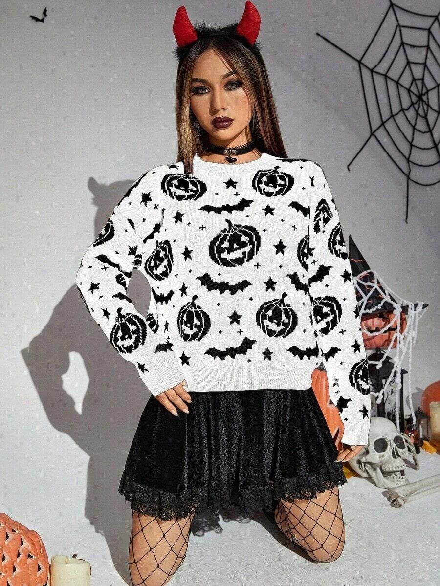 Suéter de mujer con estampado de calabaza y murciélago de Halloween, jersey de punto de otoño e invierno - Multicolor - Ver 1