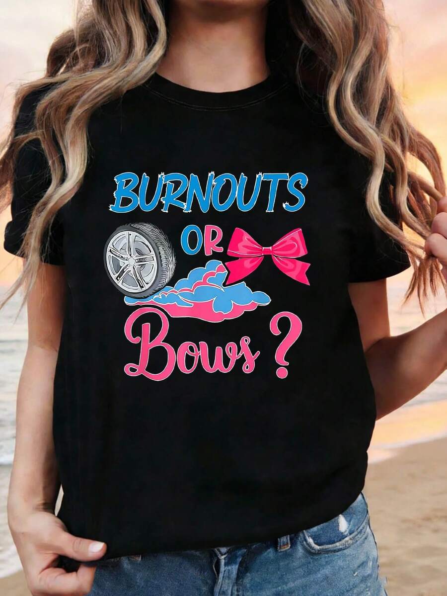 Size - Size - A Fun Contrast Of Sweet And Cool: BURNOUTS Or Bows. A Stylish Choice With Tire Bows, This Women's Casual Crew Neck T-Shirt Is Perfectly Fitted For Spring And Summer With Creative Outfits For Everyday Outings - 黑色 - 查看 1