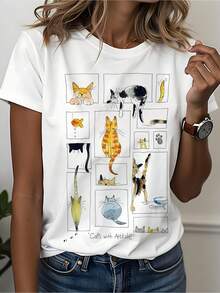 Women's Short-Sleeved Cotton T-Shirt With A Printed Design. | Multiple Cats In Playful Poses, Cool Hand-Drawn Style, An Eye-Catching Item For Everyday Wear, Casual Crew Neck, Slightly Stretchy Fabric, Regular Length. 9PFY - 白色 - 查看 2