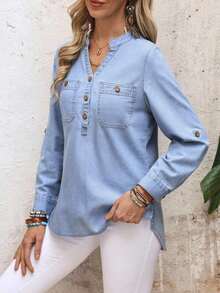 Camisa Vaquera De Manga Larga Con Cuello Con Muescas Para Mujer - Azul - Ver 5
