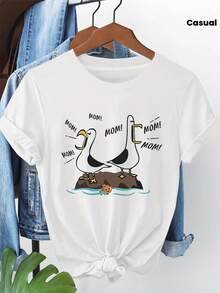 Women's Casual Short-Sleeved Crew Neck T-Shirt With "Mom Humor Seagull Mom" Graphic Print, For Spring - Summer, Everyday Style, Daily Outings, Holiday Gift - 白色 - 查看 1