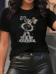 New Arrivals For Summer. Women's T-Shirt With Cartoon Dog Print, Round Neck, Casual Style For Everyday Wear, Soft And Comfortable, Perfect For Vacations. Blouse, Shirt > Beautiful. - 黑色 - 查看 1