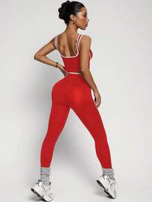 Dewbera Conjunto deportivo de mujer de dos piezas con bloques de color sin costuras, malla de yoga, conjunto de fitness, conjunto de entrenamiento de dos piezas, conjunto activo de dos piezas, conjunto deportivo negro de dos piezas - Rojo - Ver 2
