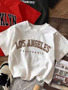 Conjunto de 3 piezas de camisetas cortas holgadas de manga corta con cuello redondo y estampado retro de BROOKLYN, estilo casual y sencillo, adecuado para mujeres, ideal para el regreso a clases en verano. - Blanco - Ver 2