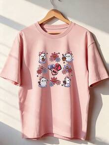 Cute And Kawaii Style Short-Sleeve T-Shirt, Fashionable Short-Sleeve T-Shirt For Spring And Summer 2026, Made In Mexico, 180 Grams. Cartoon Print, Couple Design, Suitable For Indoor Or Outdoor Wear. Crew Neck, Unisex, Ideal For Office And Leisure. One-Piece Pack. - PK-P631577SLNDXZGY560 - 查看 3