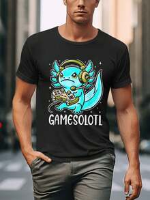 Cute And Flat 2D Blue Axolotl Design Acrylic Hanging Ornament With Headphones, Game Controller, Wings And Stars On A Black T-Shirt, For Game Room And Bedroom, Christmas Gift For Gamers. - 黑色 - 查看 1
