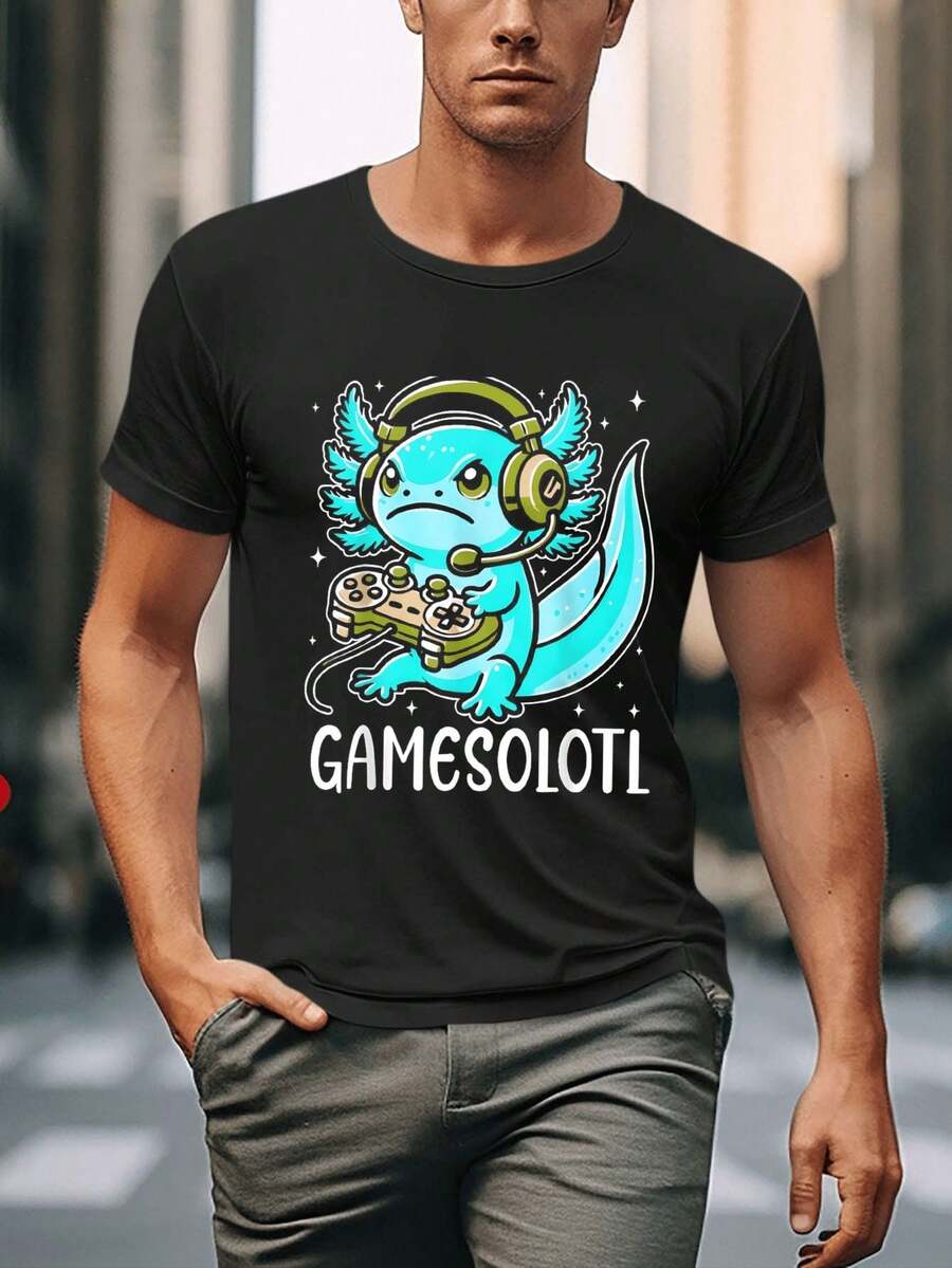 Cute And Flat 2D Blue Axolotl Design Acrylic Hanging Ornament With Headphones, Game Controller, Wings And Stars On A Black T-Shirt, For Game Room And Bedroom, Christmas Gift For Gamers. - 黑色 - 查看 1
