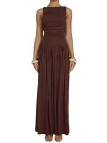 Long, Plain Dress, Spring 2026, Sleeveless, Pleated, Elegant Fitted Cut - Brown - View 3