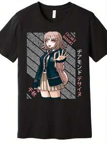 Super Anime Graphic T-Shirt, Unisex, Premium Cotton, Casual Design, Japanese Text, Regular Fit, Short Sleeve, Machine Washable, Black, Anime Fan Clothing For All Seasons - 黑色 - 查看 8