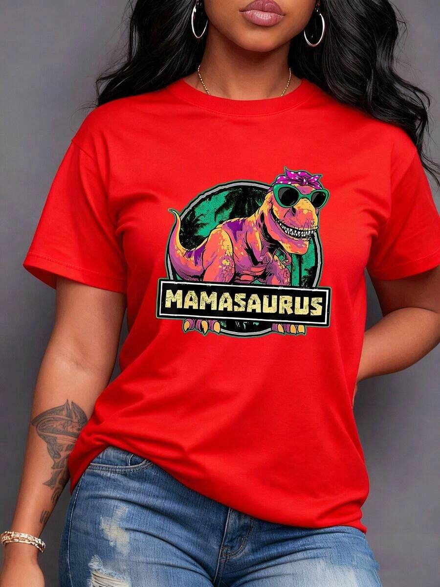 El TRex con gafas de sol y pañuelo representa a la Mamasaurus una madre fuerte divertida y protectora simbolizando amor incondicional alegría y un espíritu aventurero para su familia y la vida diaria Camiseta de mujer 220g,Manga corta casual. - Rojo - Ver 1