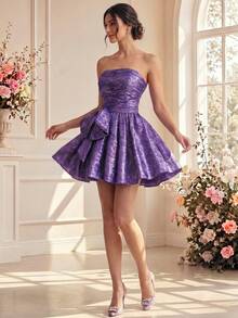 Smilprince Women's Purple Strapless Mini Formal Dress, Ruched Bow Detail A Line Cocktail Gown, Fall Fashion Hoco Quince Holiday Party Outfit - Purple - View 6