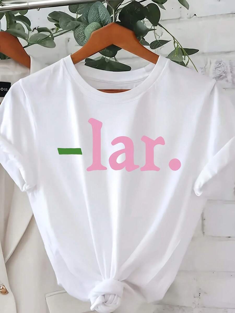 Women's Short Sleeve T-Shirt With Letter Print - Casual Round Neck Blouse, Short Sleeve Top For Summer And Spring, Machine Washable Casual Wear And Layering Garment, Women's Clothing - 白色 - 查看 1