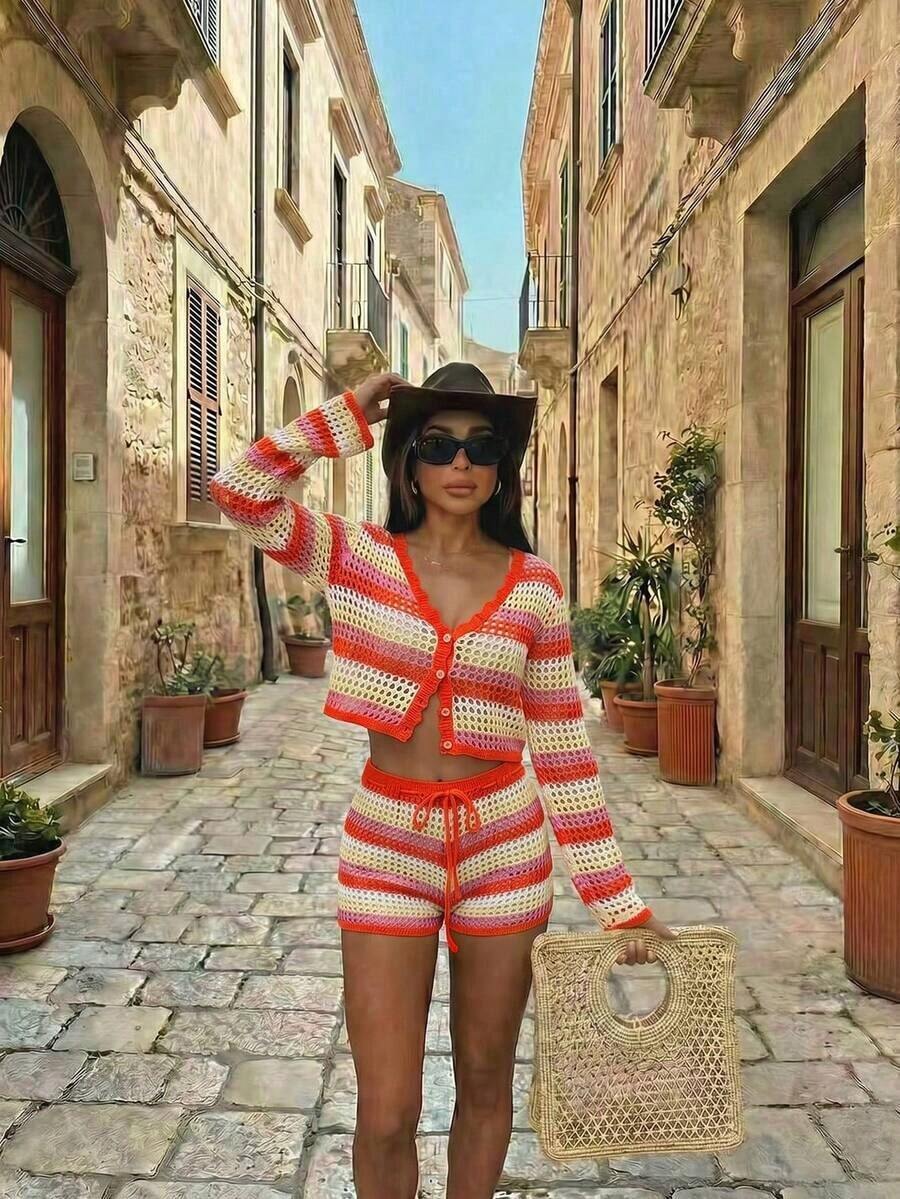 2 piezas Conjunto de top corto y shorts de mujer para verano con bloques de color, rayas y diseño calado. Estilo de vacaciones en la playa, top corto elegante y conjunto de shorts ligeros adecuado para primavera/verano, fiesta en la playa, vacaciones, estilo bohemio, sexy - Naranja - Ver 1